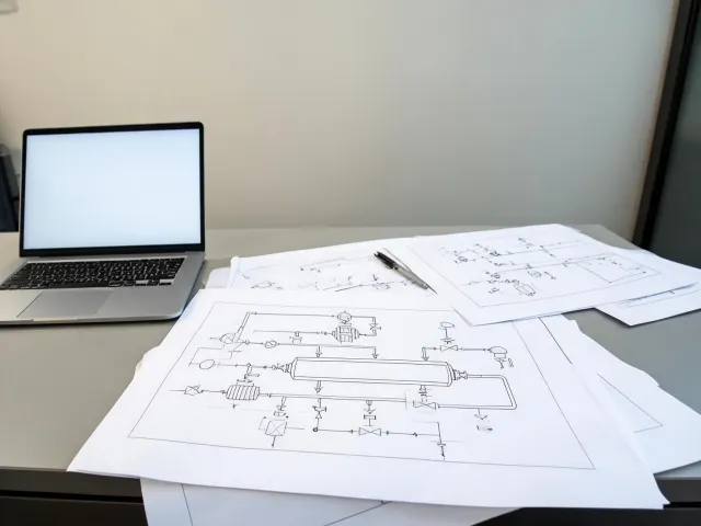 Illustration of a pasteurizer specification packet and inquiry desk, not a real storefront map