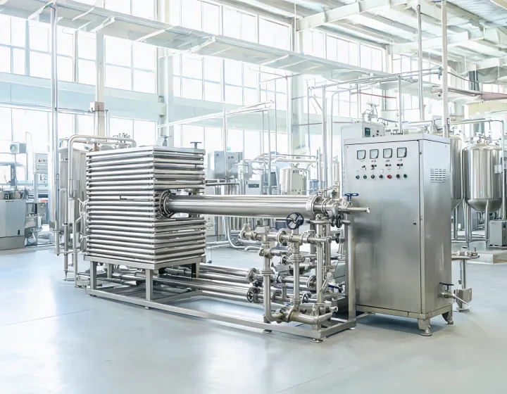 Stainless HTST pasteurizer with plate heat exchanger, holding tube and control panel in a dairy process hall